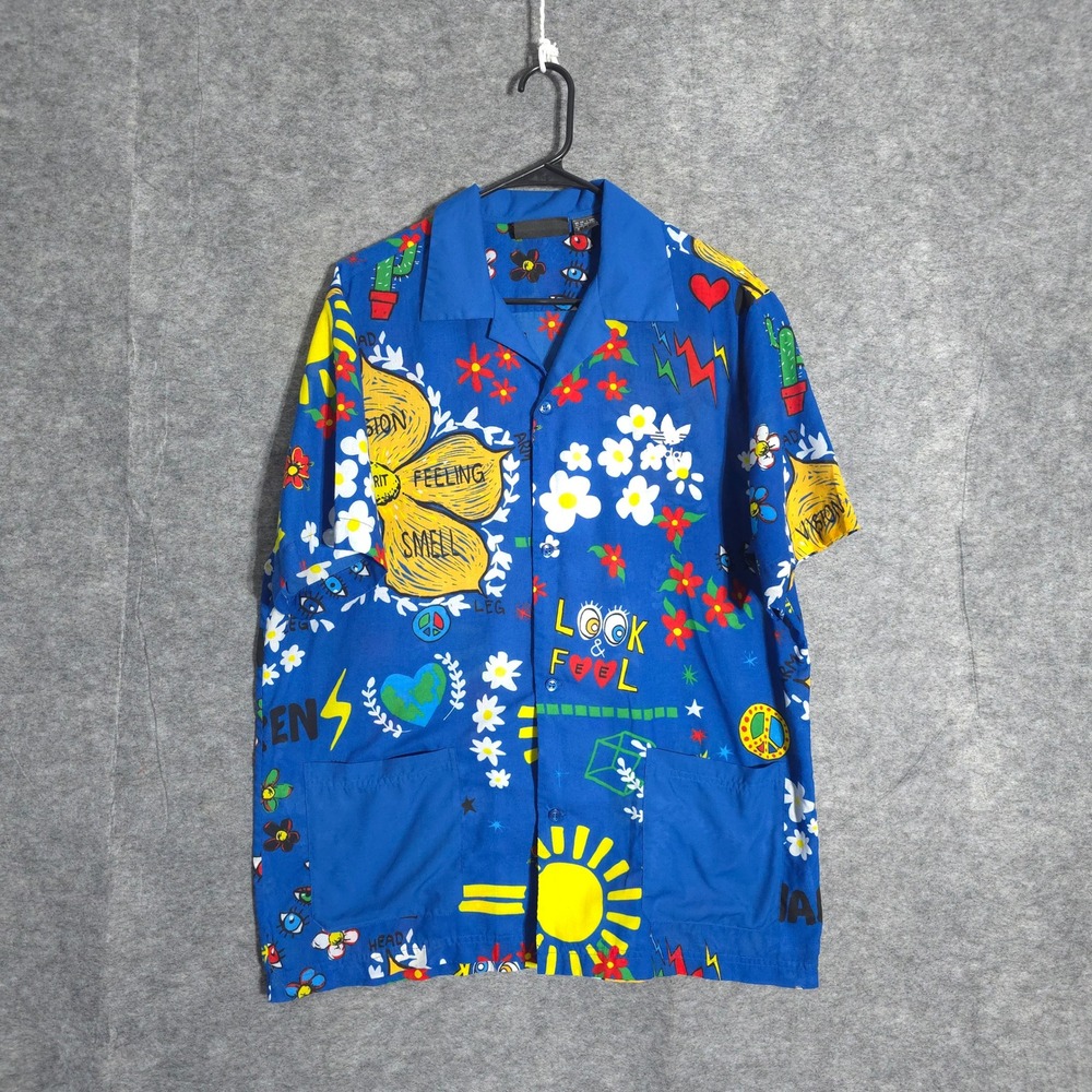 Adidas Pharrell Williams Shirt Mens XL Blue Graphic Print Hu Camp Button Up Art